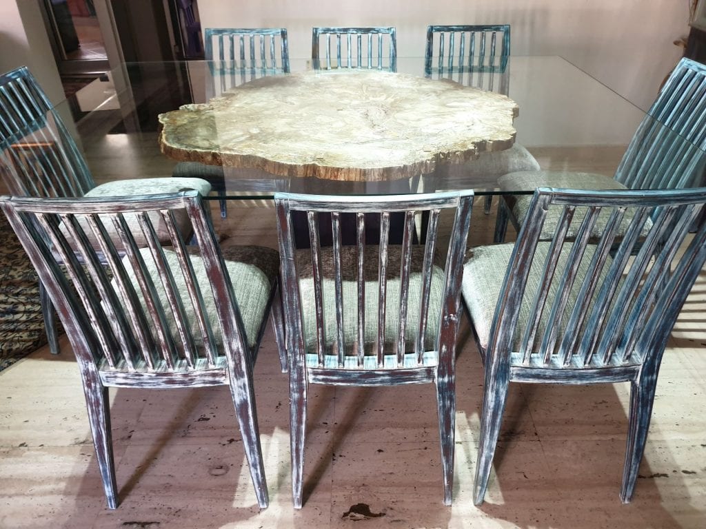 dinning table with petryfide wood and all chair paint 2018